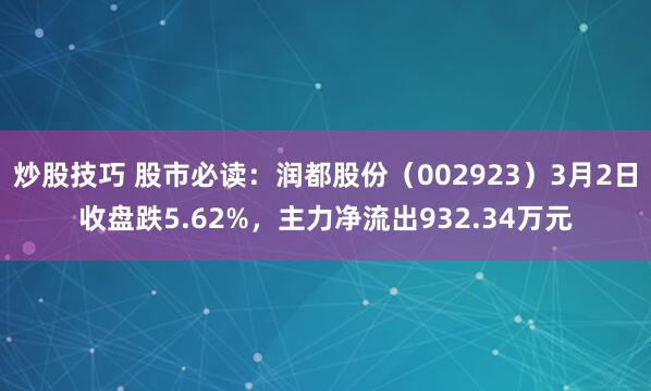 炒股技巧 股市必读:润都股份(002923)3月2日收盘跌5.62%,主力净流出932.34万元